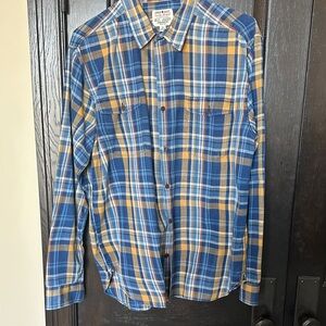 Lucky Brand Men's Blue and Gold Plaid Shirt